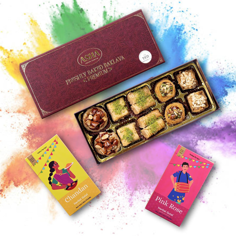 Baklava Classic Holi Combo – 250g Premium Baklava with 2 Herbal Gulal & Wish Card