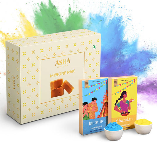Mysore Pak Holi Gift Combo – 250g with 2 Herbal Gulal & Wish Card