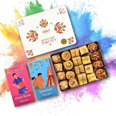 Baklava Premium Holi Gift Combo – 430g Baklava with 2 Herbal Gulal Colors