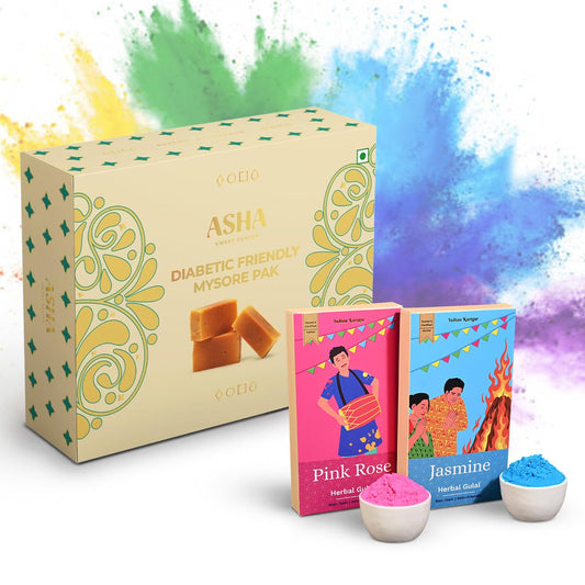 Diabetic-Friendly Holi Sweet Combo – Mysore Pak, Thandai Mix & 2 Herbal Gulal with Wish Card