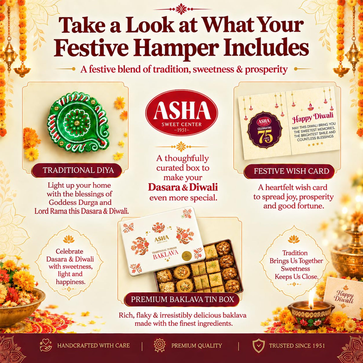 Asha Sweet Center Baklava (430gm) Diwali Gift Hamper with Handmade Diya & Wish Card Included