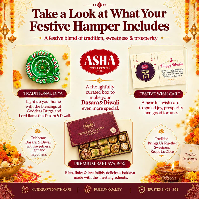 Asha Sweet Center Baklava (250gm) Diwali Gift Hamper with Handmade Diya & Wish Card Included