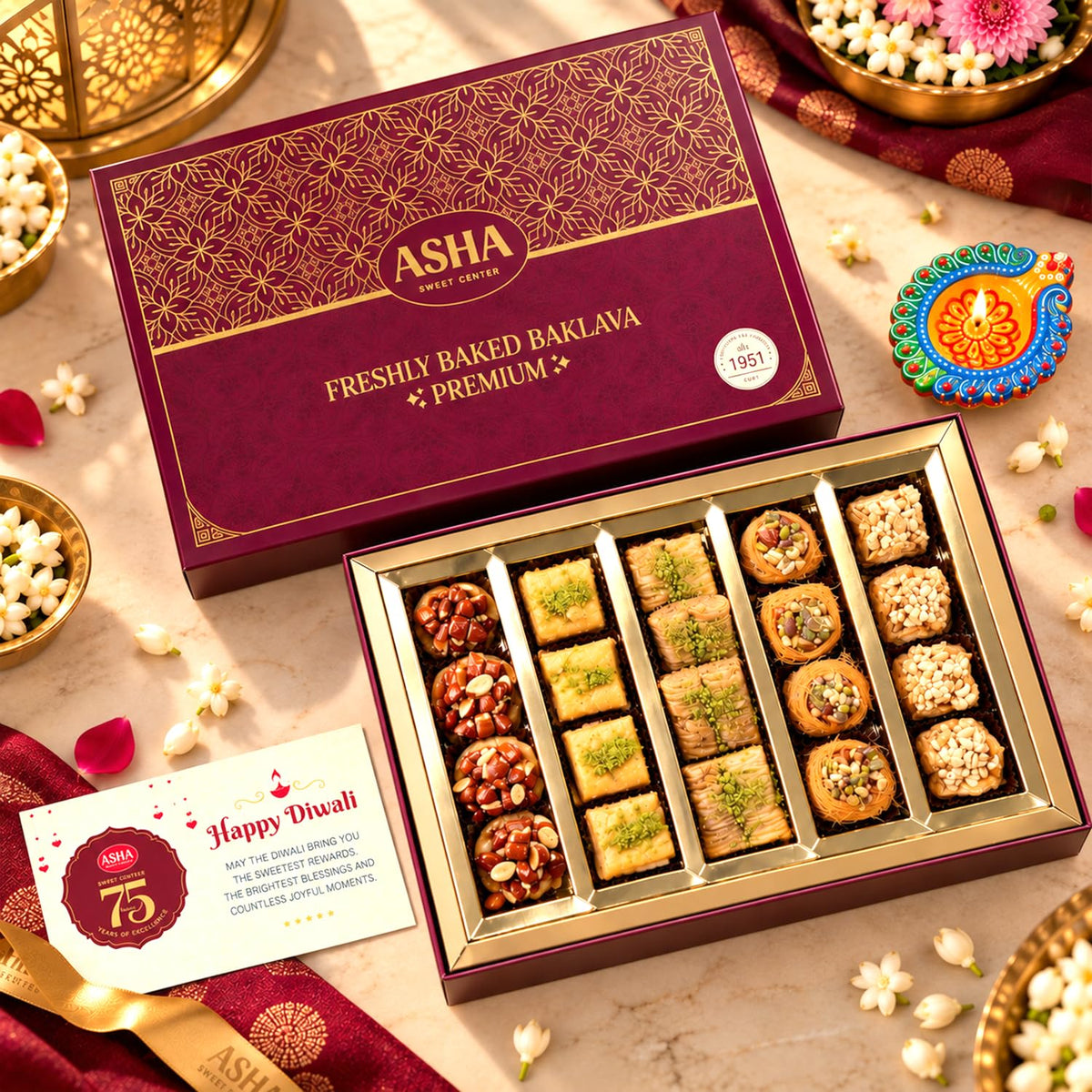 Asha Sweet Center  Baklava (500gm) Diwali Gift Hamper with Handmade Diya & Wish Card Included