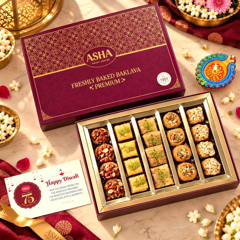 Asha Sweet Center  Baklava (500gm) Diwali Gift Hamper with Handmade Diya & Wish Card Included