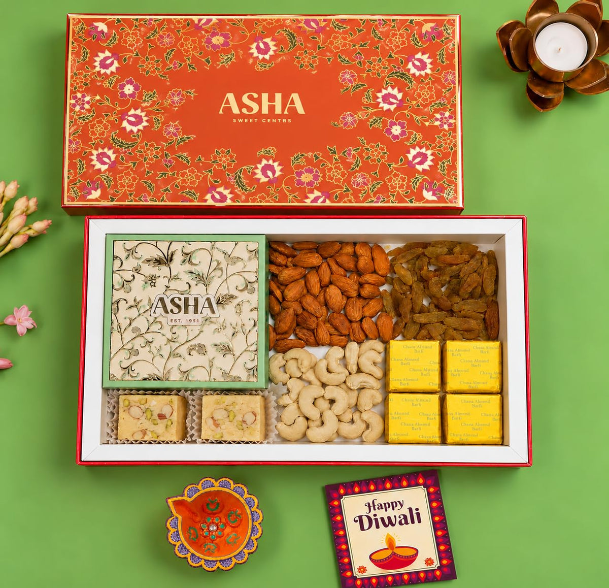 Asha Sweet Center Diwali Corporate Gift Hamper with Handcrafted Diya & Wishes Card