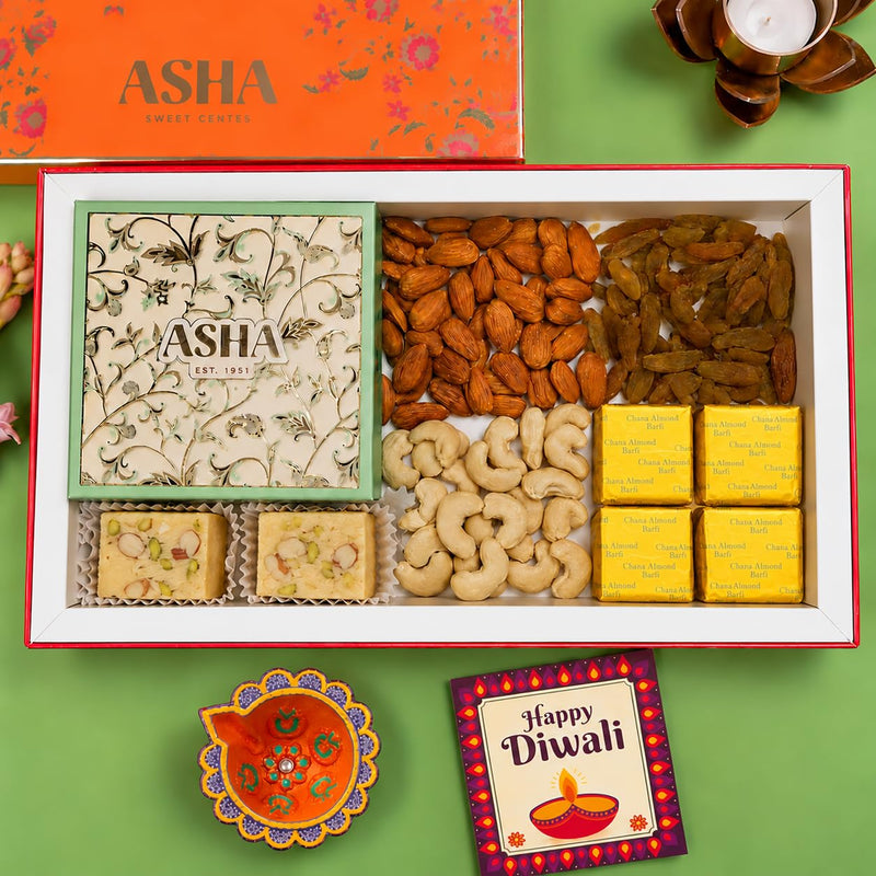 Asha Sweet Center Diwali Corporate Gift Hamper with Handcrafted Diya & Wishes Card