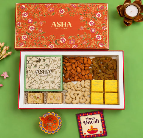 Asha Sweet Center Diwali Corporate Gift Hamper with Handcrafted Diya & Wishes Card