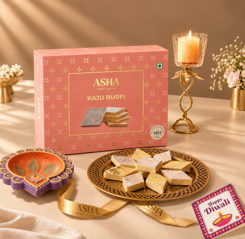 Asha Sweet Center Kaju Katli (250gm) Diwali Gift Hamper with Handmade Diya & Wish Card Included