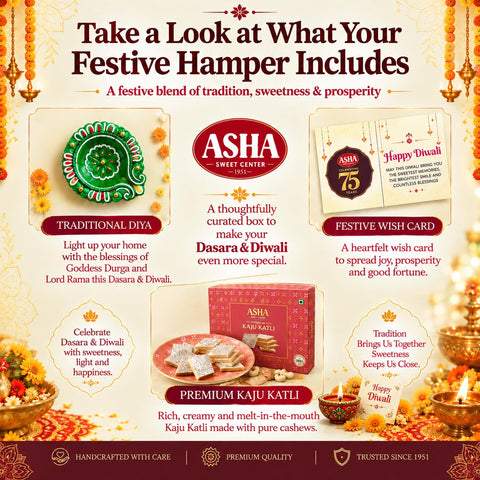 Asha Sweet Center Kaju Katli (250gm) Diwali Gift Hamper with Handmade Diya & Wish Card Included