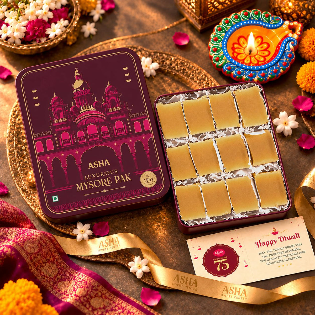 Asha Sweet Center  Mysore Pak (500gm) Diwali Gift Hamper with Handmade Diya & Wish Card Included